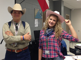 From left, freshman Abby Bowman and sophomore Anthony Razzano sport Western wear Oct. 23, 2015 during Lake Ridge High Schools Spirit Week. 