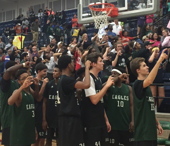 Basketball players from the 2015 squad on hand at the Basketball Madness celebration in the Eagle gym, Nov. 4, 2015.