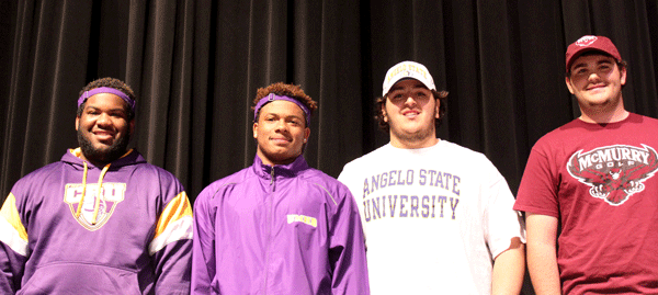 Four Lake Ridge High School seniors signed athletic commitment letters.
From left to right: Bronsyn Smith, Gerod McClain, Anthony Narro, and Brendon Lowrance