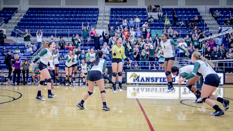 The LRHS Volleyball Team celebrates after winning the game.