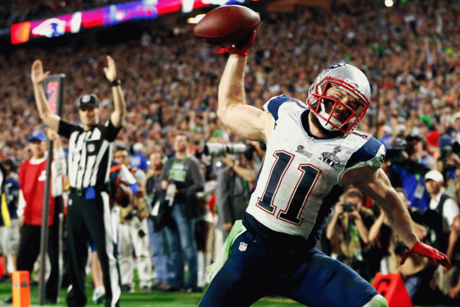 Patriots Julian Edelman celebrates after scoring a touchdown in Super Bowl LI.