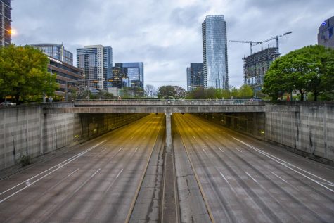 What is usually a very busy Woodall Rodgers Freeway became nearly empty after Dallas enacted it's shelter in place order . Courtesy of Google Images
